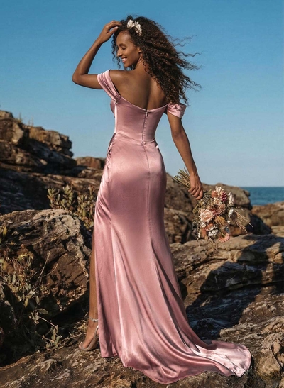 Trumpet/Mermaid Off-The-Shoulder Sweep Train Charmeuse Bridesmaid Dresses With High Split