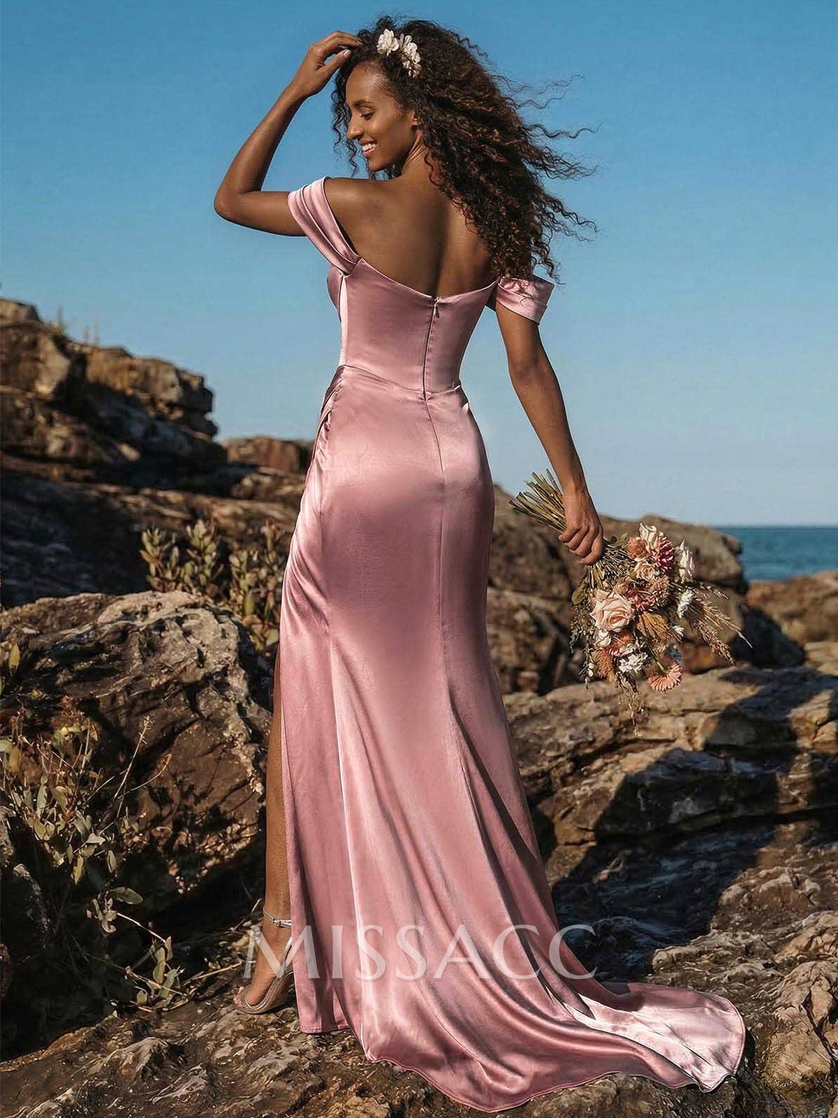 Trumpet/Mermaid Off-The-Shoulder Sweep Train Charmeuse Bridesmaid Dresses With High Split