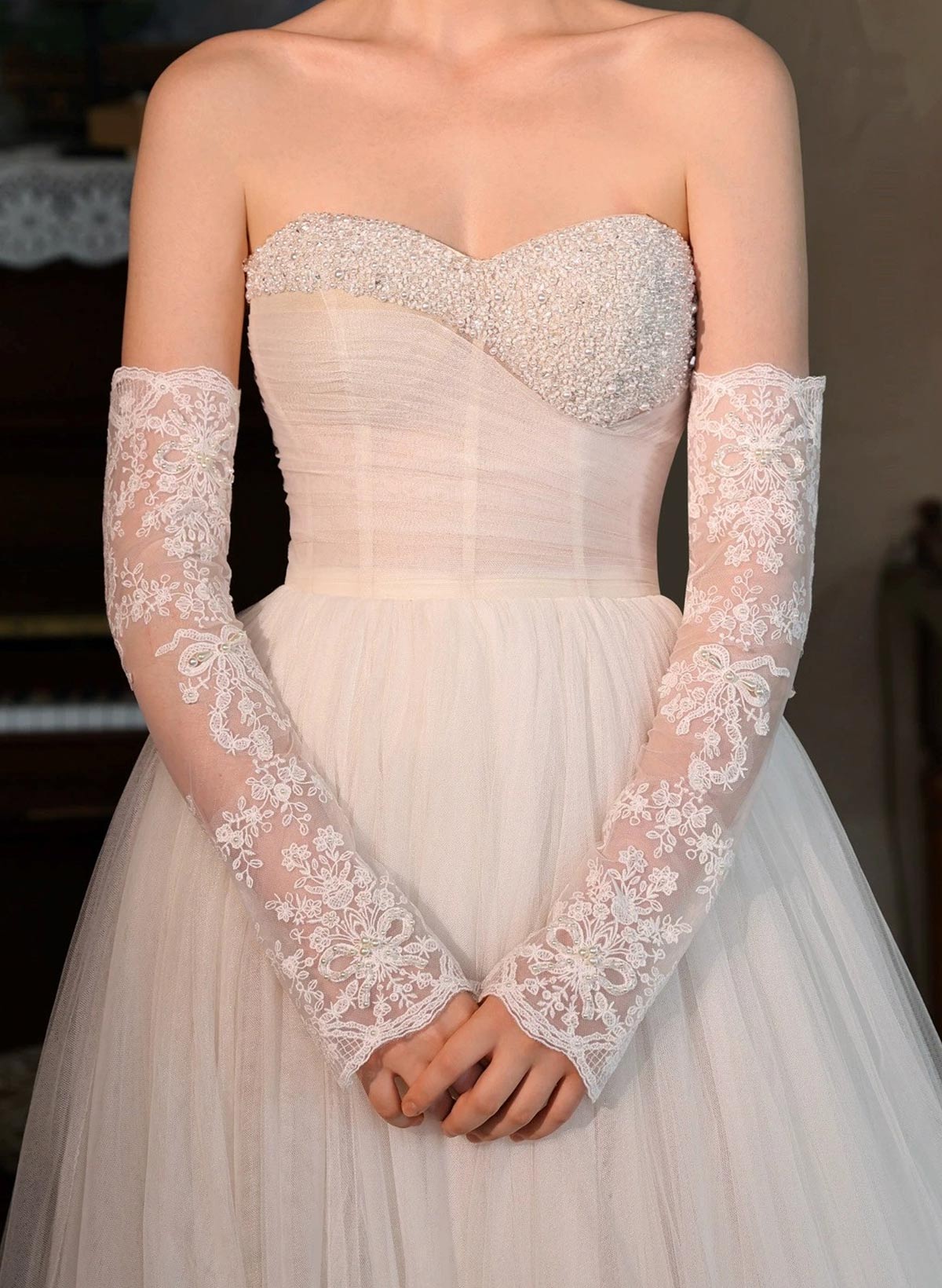 Fingerless Opera Length Lace Bridal Gloves With Pearl