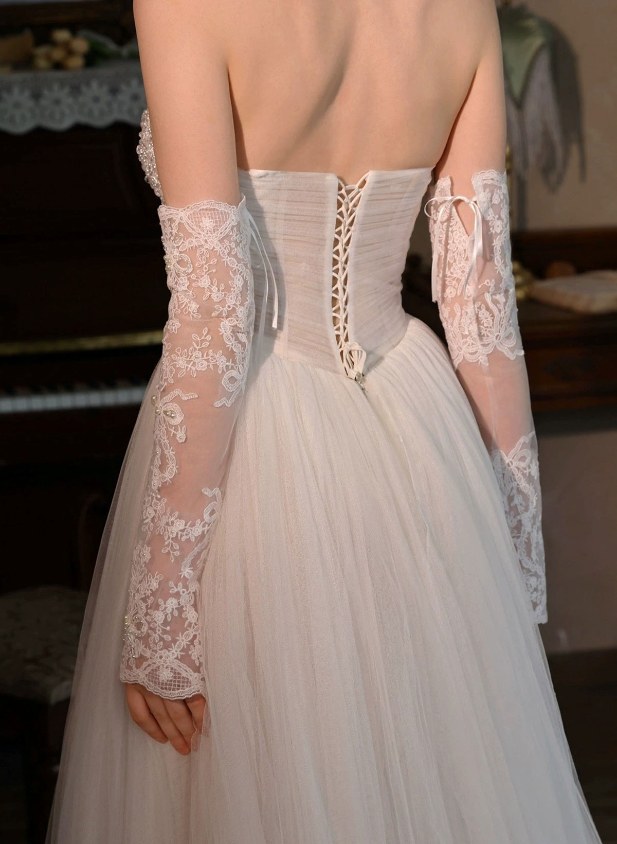 Fingerless Opera Length Lace Bridal Gloves With Pearl