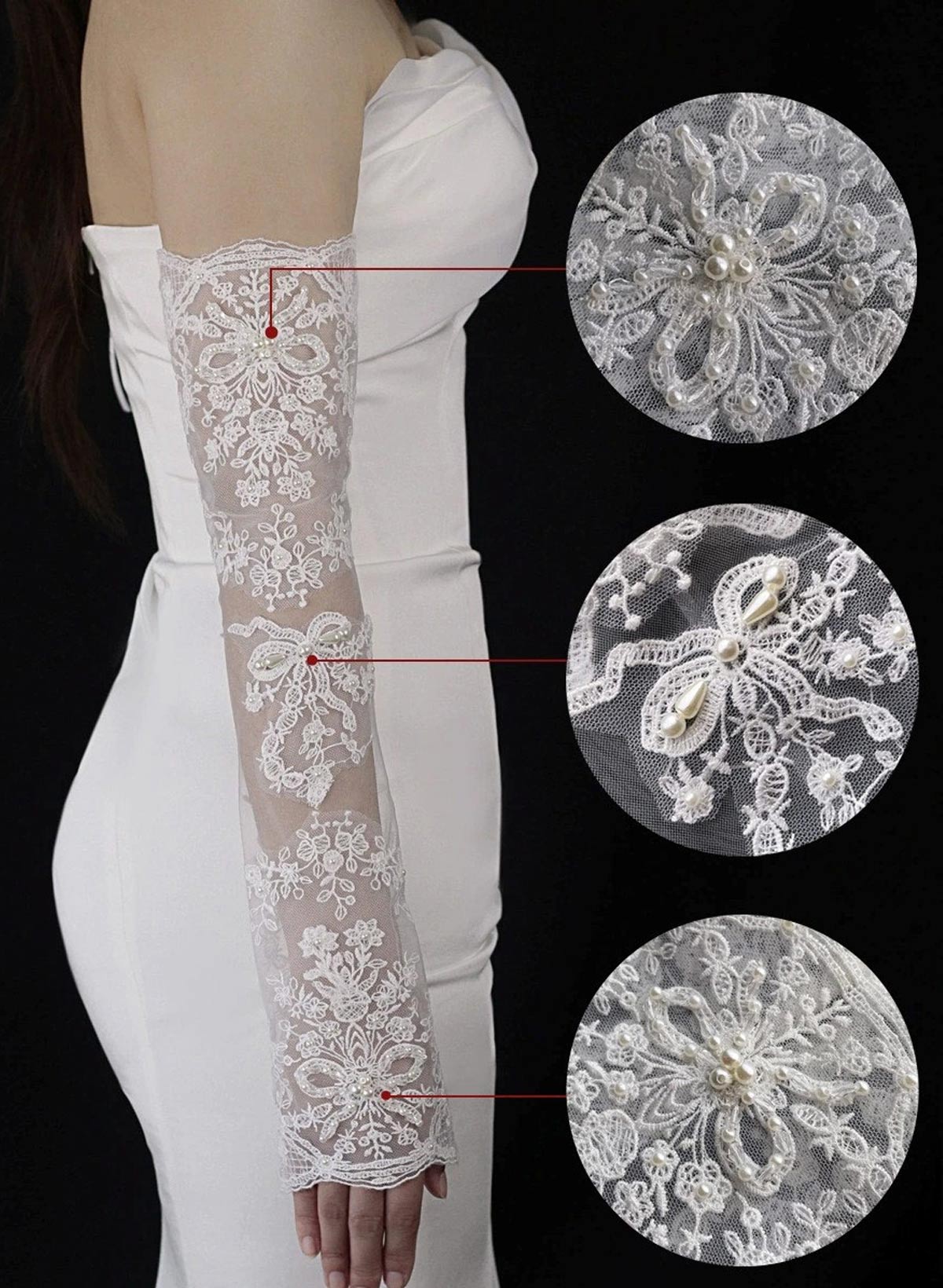 Fingerless Opera Length Lace Bridal Gloves With Pearl