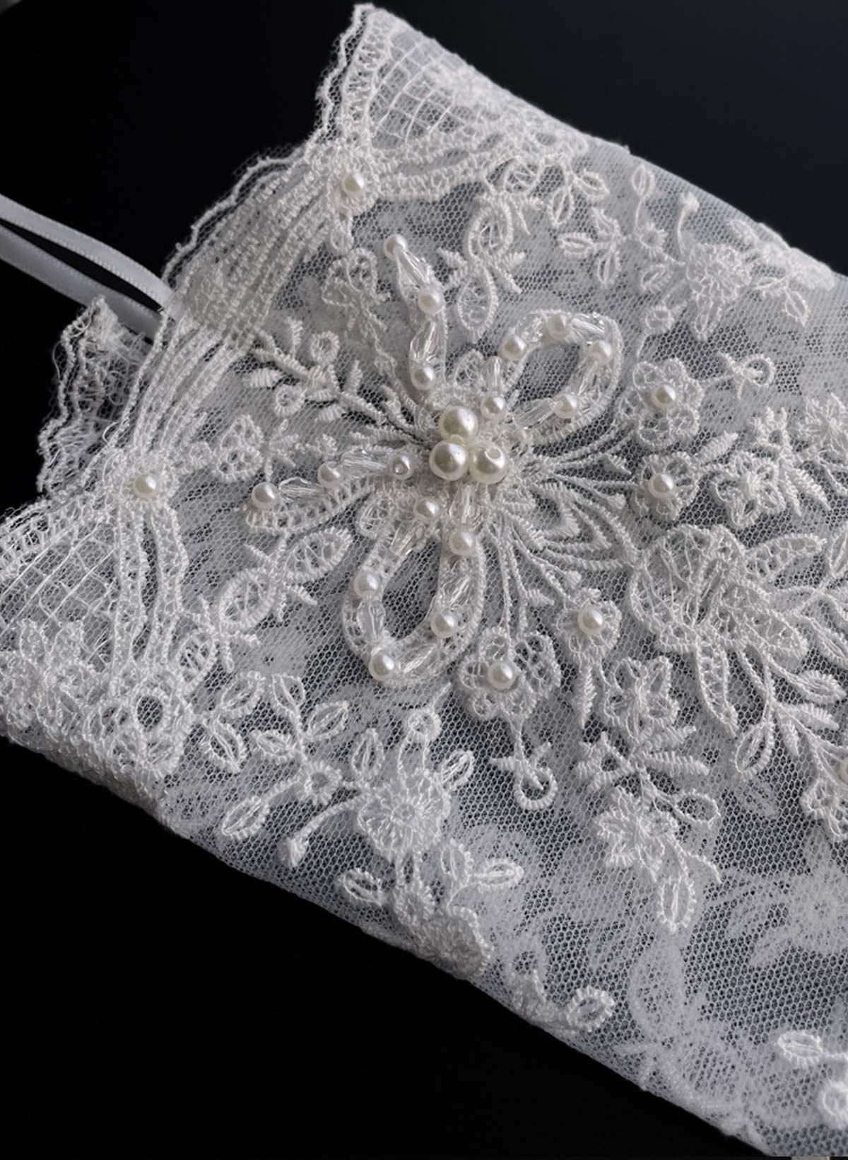 Fingerless Opera Length Lace Bridal Gloves With Pearl