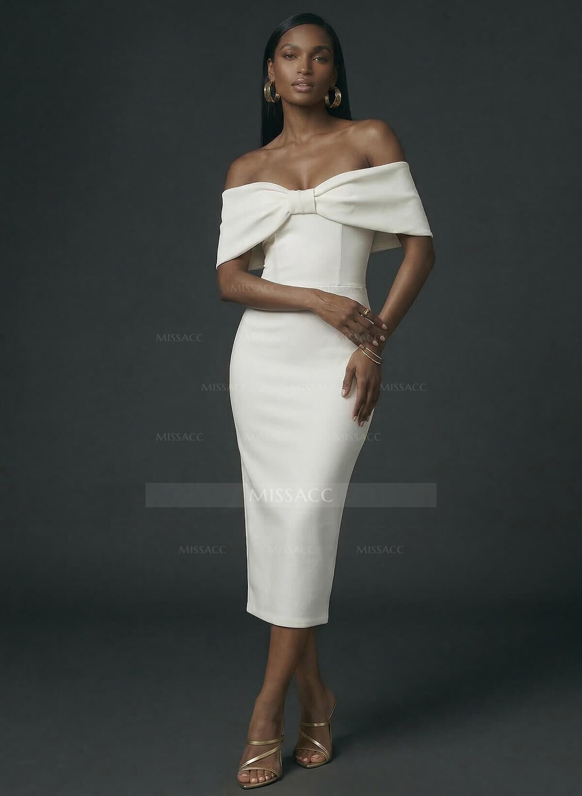 Sheath/Column Off-The-Shoulder Tea-Length Elastic Satin Cocktail Dresses With Back Slit