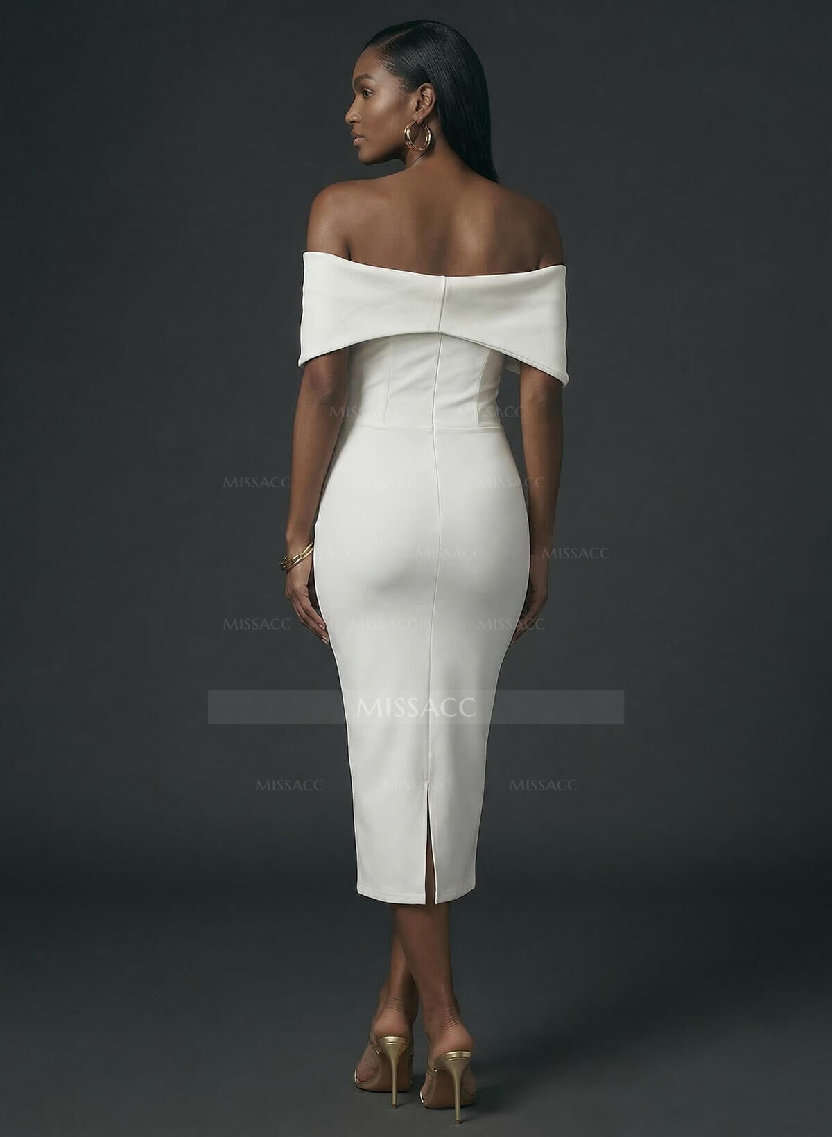 Sheath/Column Off-The-Shoulder Tea-Length Elastic Satin Cocktail Dresses With Back Slit