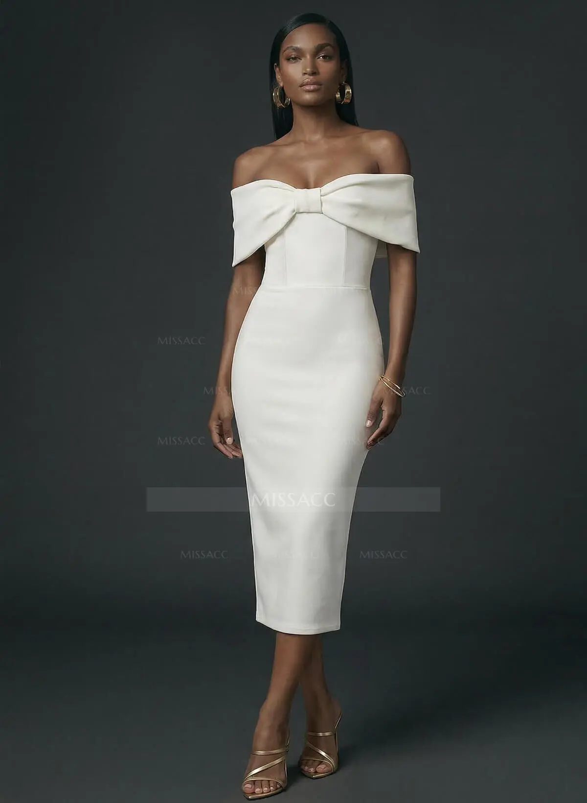 Sheath/Column Off-The-Shoulder Tea-Length Elastic Satin Cocktail Dresses  With Back Slit - Missacc France
