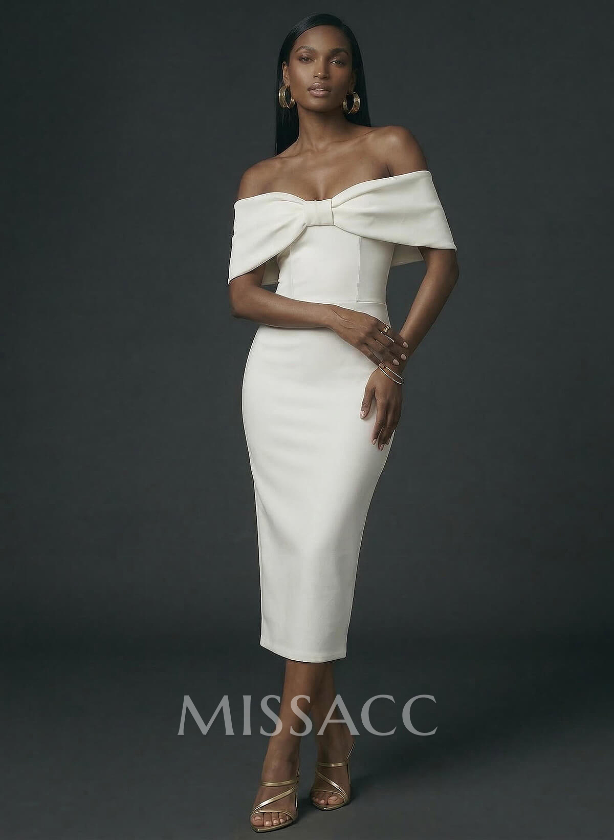 Sheath/Column Off-The-Shoulder Tea-Length Elastic Satin Cocktail Dresses With Back Slit