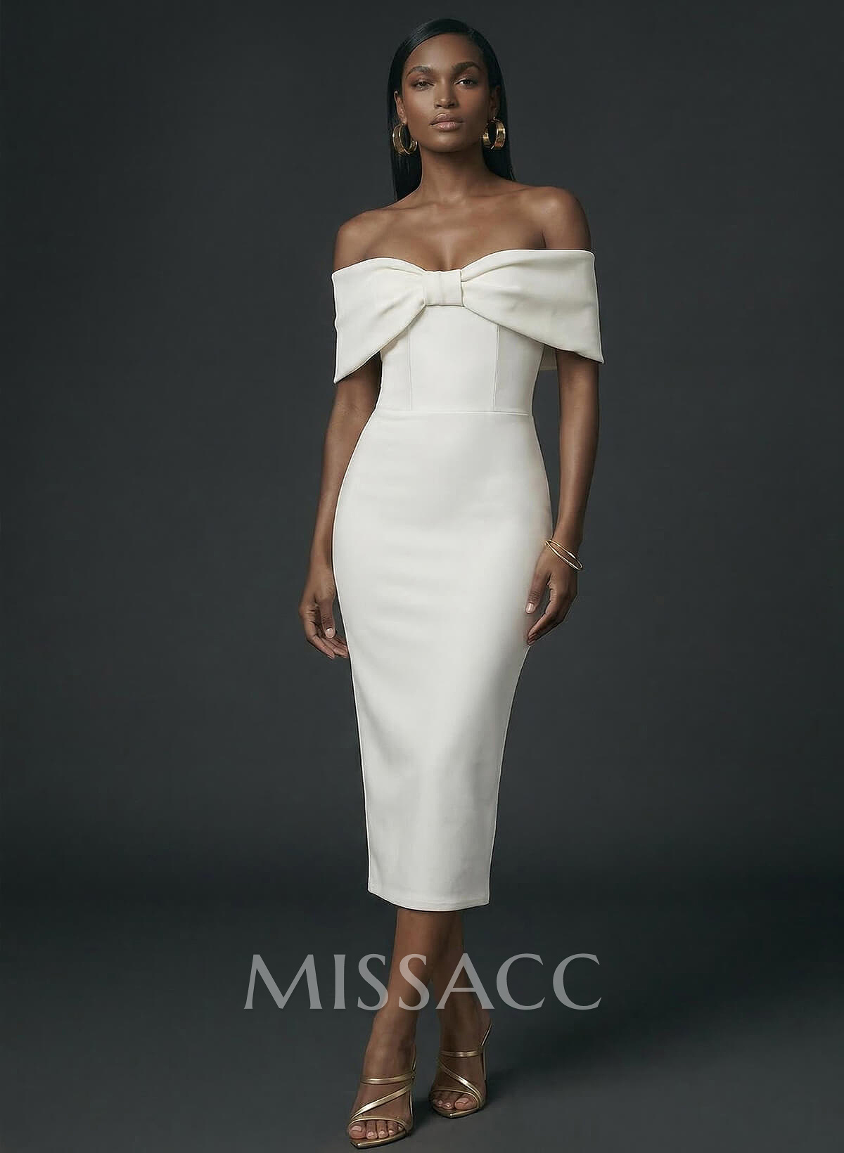 Sheath/Column Off-The-Shoulder Tea-Length Elastic Satin Cocktail Dresses With Back Slit