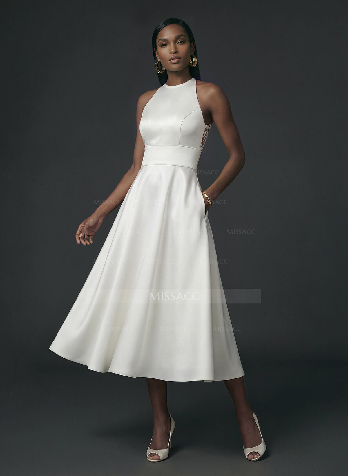 Elegant Halter Sleeveless A-Line Tea-Length Lace/Satin Cocktail Dresses With Pockets/Back Hole