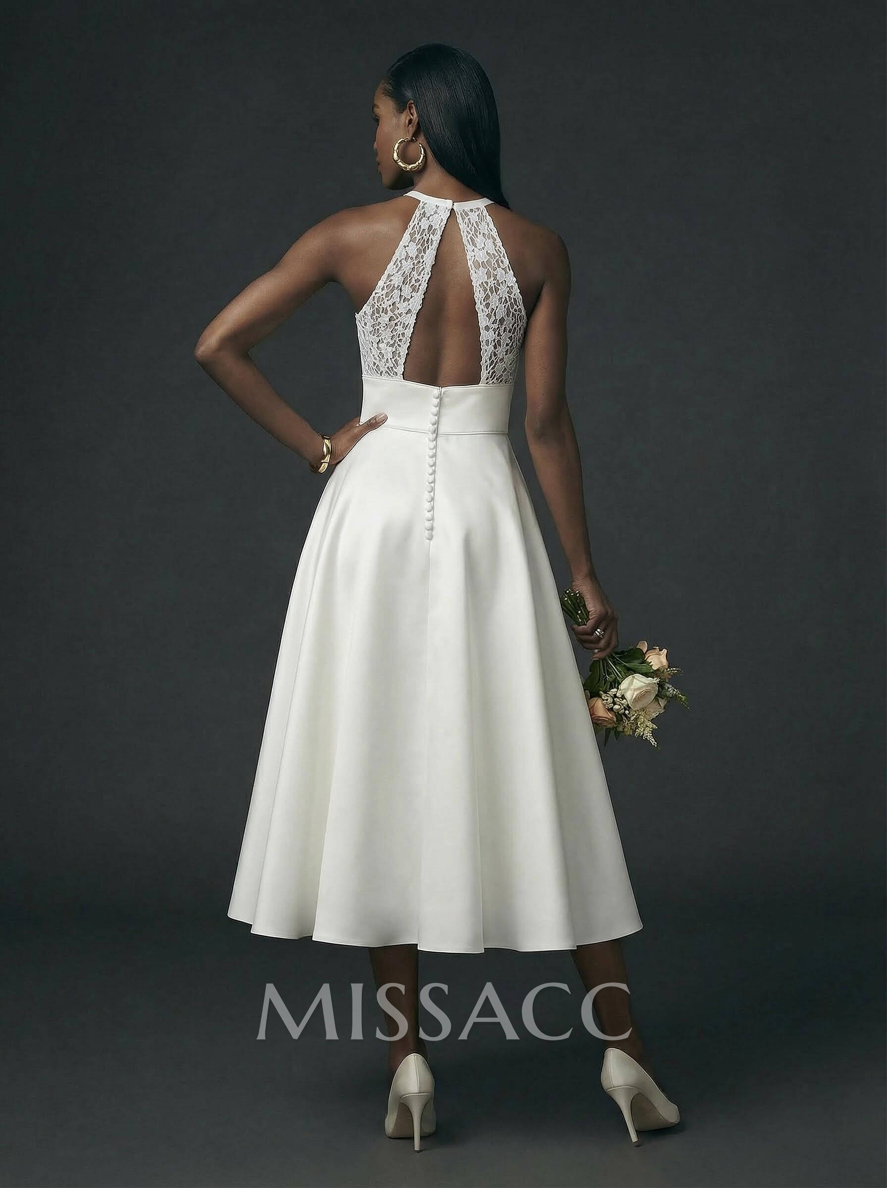 Elegant Halter Sleeveless A-Line Tea-Length Lace/Satin Cocktail Dresses With Pockets/Back Hole