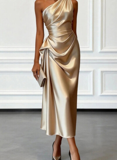 Sheath/Column One-Shoulder Sleeveless Ankle-Length Matte Satin Evening Dresses With Pleated