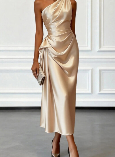 Sheath/Column One-Shoulder Sleeveless Ankle-Length Matte Satin Evening Dresses With Pleated