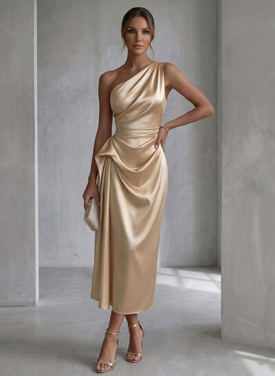 Sheath/Column One-Shoulder Sleeveless Ankle-Length Matte Satin Evening Dresses With Pleated