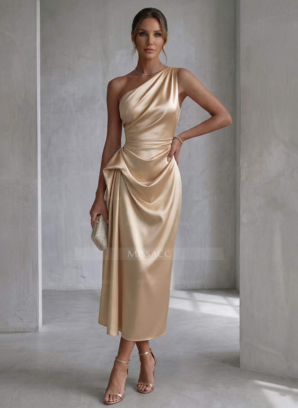 Sheath/Column One-Shoulder Sleeveless Ankle-Length Matte Satin Evening Dresses With Pleated