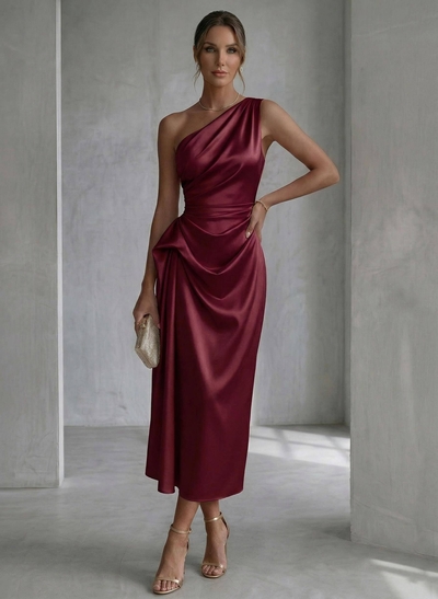Sheath/Column One-Shoulder Sleeveless Ankle-Length Matte Satin Evening Dresses With Pleated