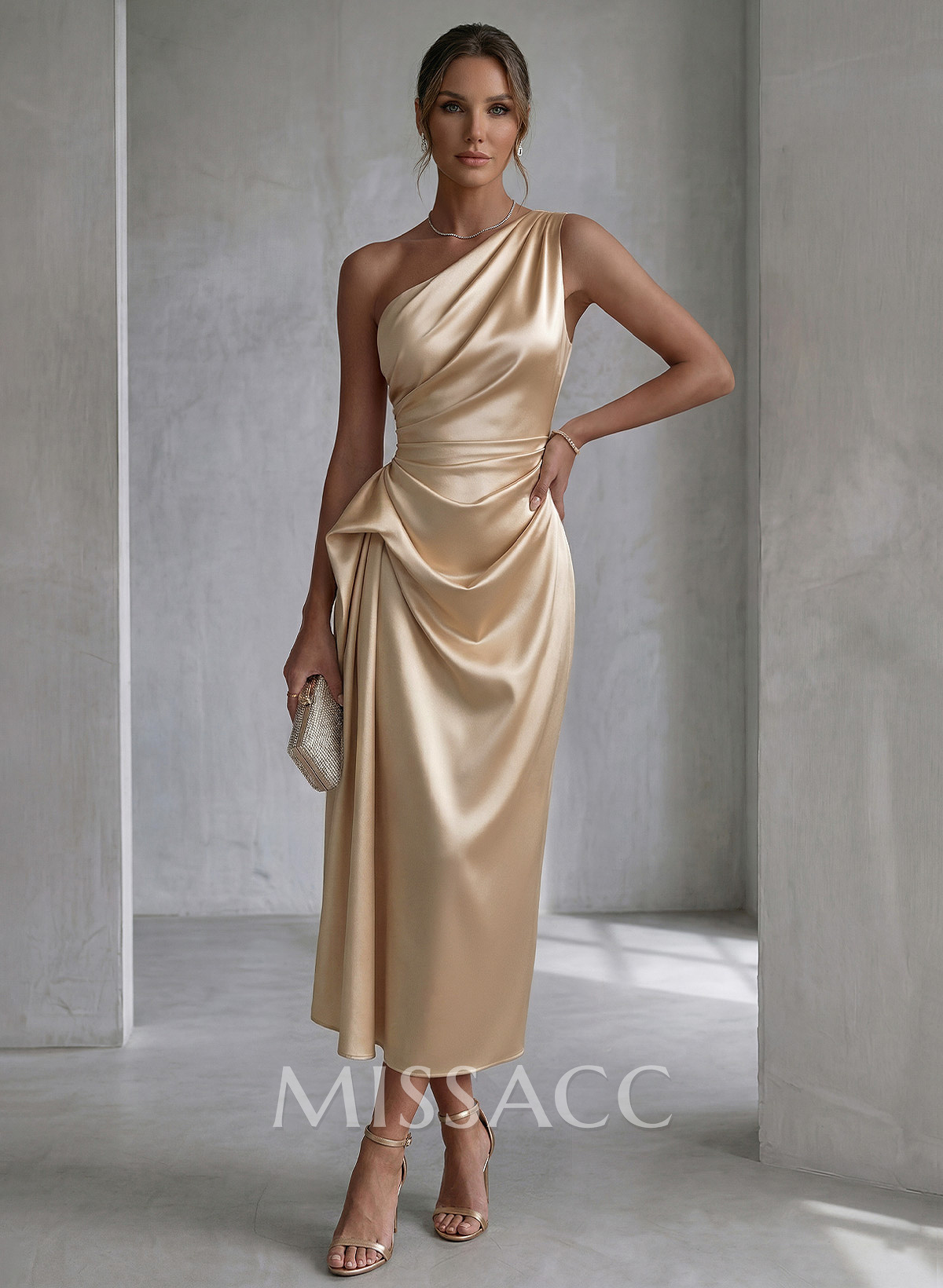 Sheath/Column One-Shoulder Sleeveless Ankle-Length Matte Satin Evening Dresses With Pleated Sheath/Column One-Shoulder Sleeveless Ankle-Length Matte Satin Evening Dresses With Pleated