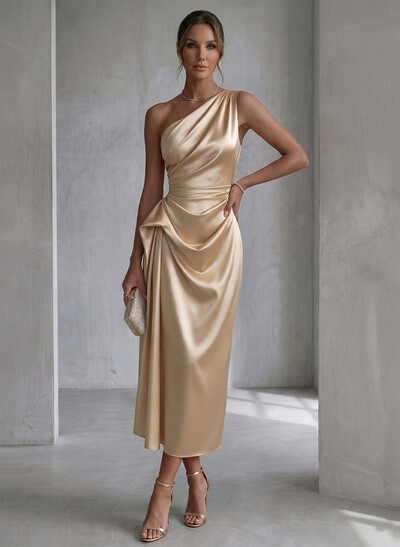 Sheath/Column One-Shoulder Sleeveless Ankle-Length Matte Satin Evening Dresses With Pleated