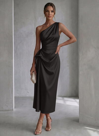 Sheath/Column One-Shoulder Sleeveless Ankle-Length Matte Satin Evening Dresses With Pleated