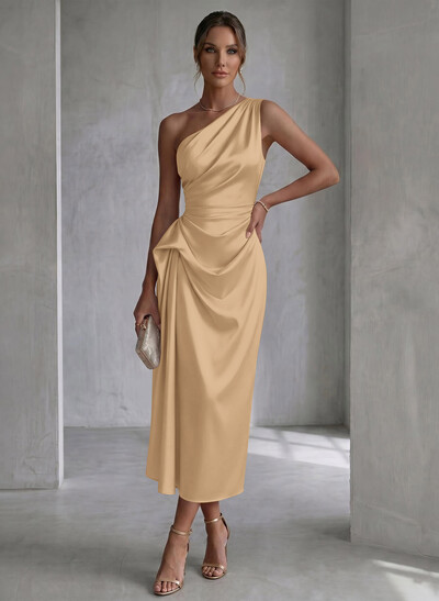 Sheath/Column One-Shoulder Sleeveless Ankle-Length Matte Satin Evening Dresses With Pleated