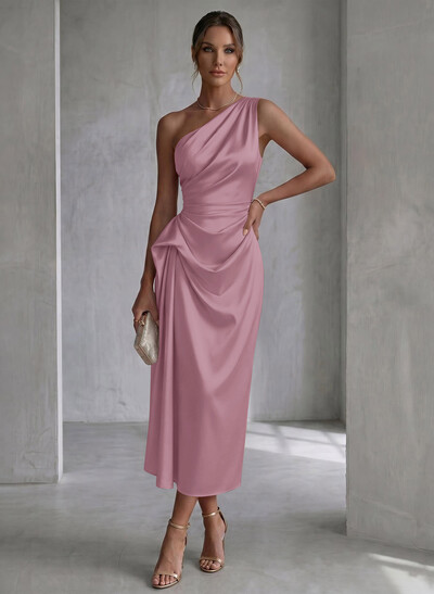 Sheath/Column One-Shoulder Sleeveless Ankle-Length Matte Satin Evening Dresses With Pleated