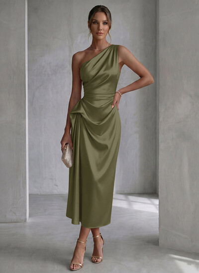 Sheath/Column One-Shoulder Sleeveless Ankle-Length Matte Satin Evening Dresses With Pleated