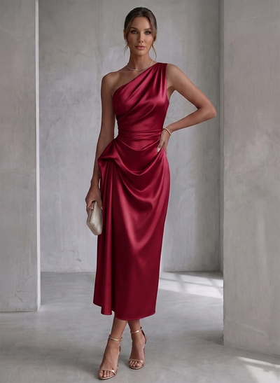 Sheath One-Shoulder Sleeveless Ankle-Length Matte Satin Evening Dress With Pleating