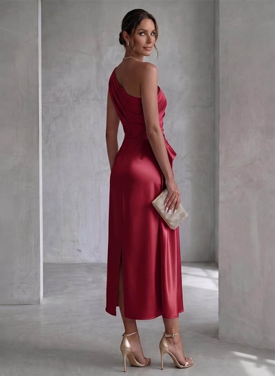 Sheath One-Shoulder Sleeveless Ankle-Length Matte Satin Evening Dress With Pleating