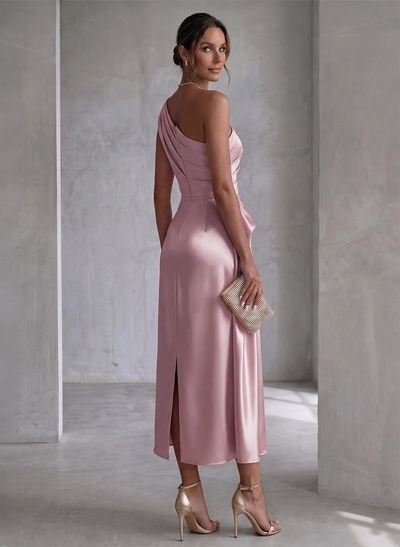 Sheath/Column One-Shoulder Sleeveless Ankle-Length Matte Satin Evening Dresses With Pleated
