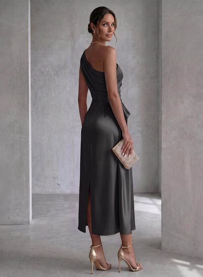 Sheath/Column One-Shoulder Sleeveless Ankle-Length Matte Satin Evening Dresses With Pleated
