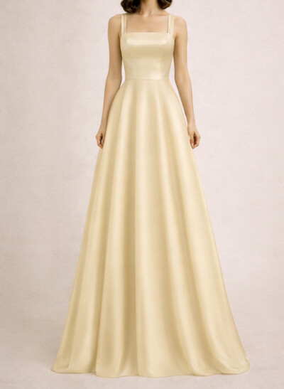 A-Line Square Neckline Sleeveless Floor-Length Satin Evening Dresses