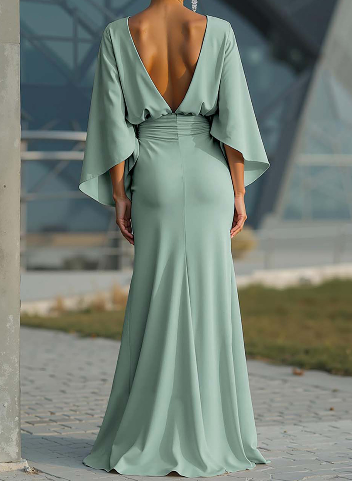 Sheath/Column High Neck 3/4 Sleeves Floor-Length Crepe Satin Evening Dresses