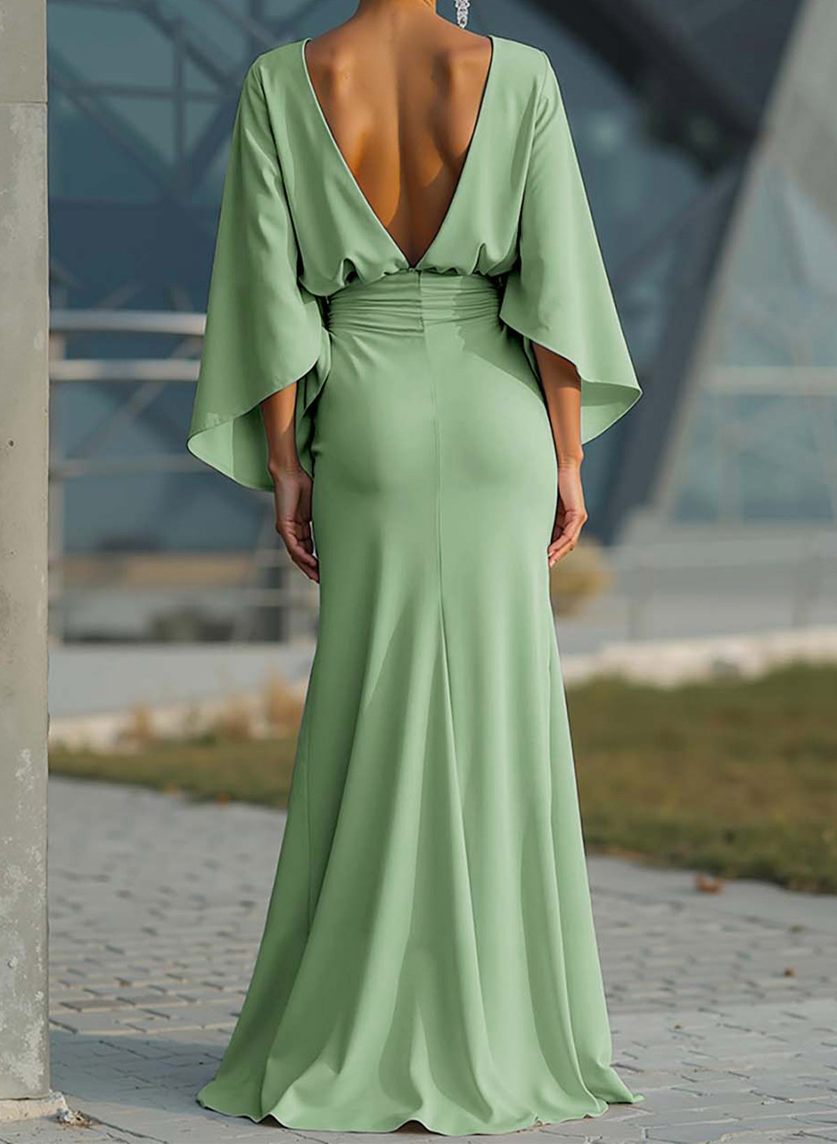Sheath/Column High Neck 3/4 Sleeves Floor-Length Crepe Satin Evening Dresses