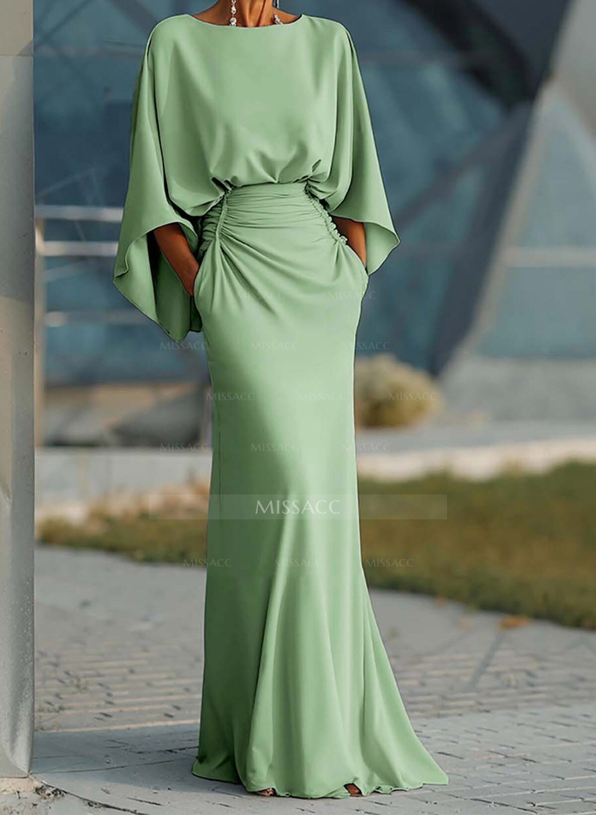 Sheath/Column High Neck 3/4 Sleeves Floor-Length Crepe Satin Evening Dresses