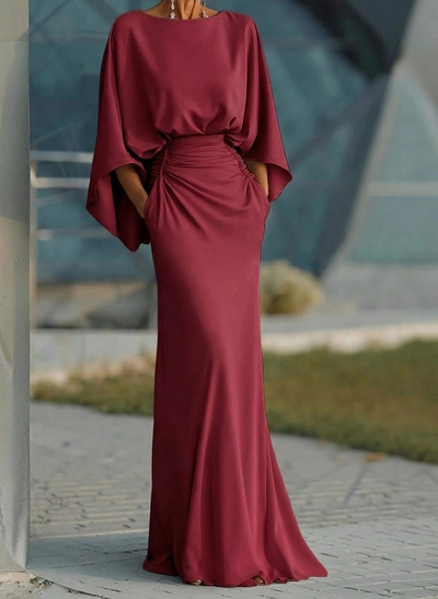 Sheath/Column Scoop Neck 3/4 Sleeves Sweep Train Crepe Satin Evening Dresses