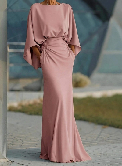 Sheath/Column High Neck 3/4 Sleeves Floor-Length Crepe Satin Evening Dresses