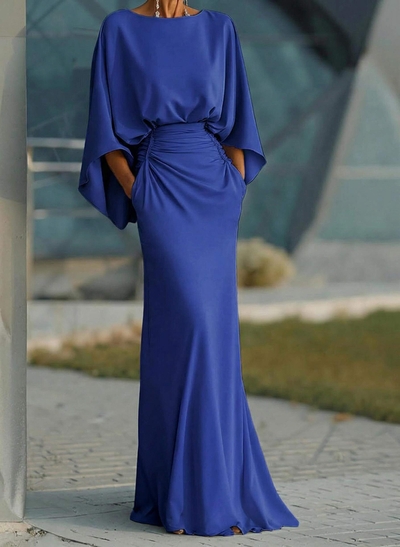 Sheath/Column Scoop Neck 3/4 Sleeves Sweep Train Crepe Satin Evening Dresses
