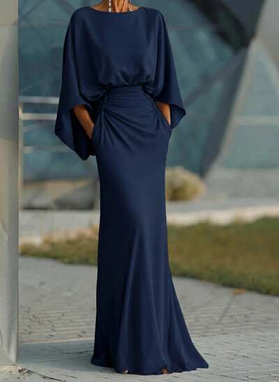 Sheath/Column Scoop Neck 3/4 Sleeves Sweep Train Crepe Satin Evening Dresses