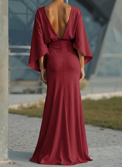Sheath/Column Scoop Neck 3/4 Sleeves Sweep Train Crepe Satin Evening Dresses