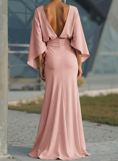 Sheath/Column Scoop Neck 3/4 Sleeves Floor-Length Crepe Satin Evening Dresses