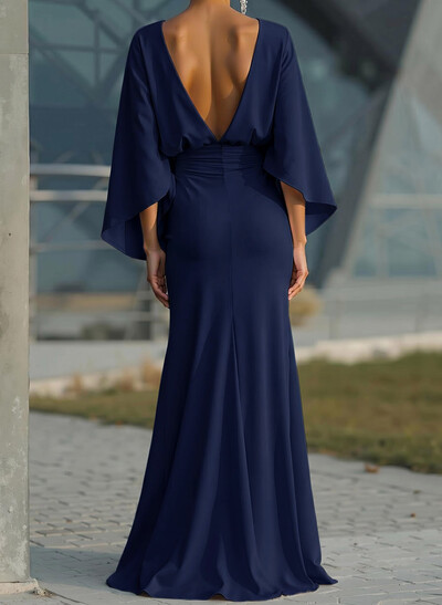 Sheath/Column Scoop Neck 3/4 Sleeves Sweep Train Crepe Satin Evening Dresses