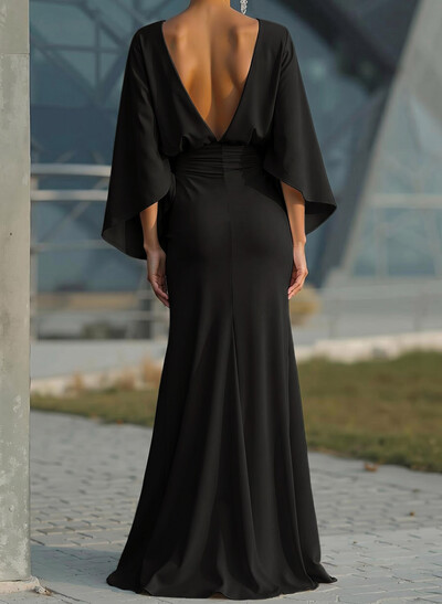Sheath/Column Scoop Neck 3/4 Sleeves Floor-Length Crepe Satin Evening Dresses
