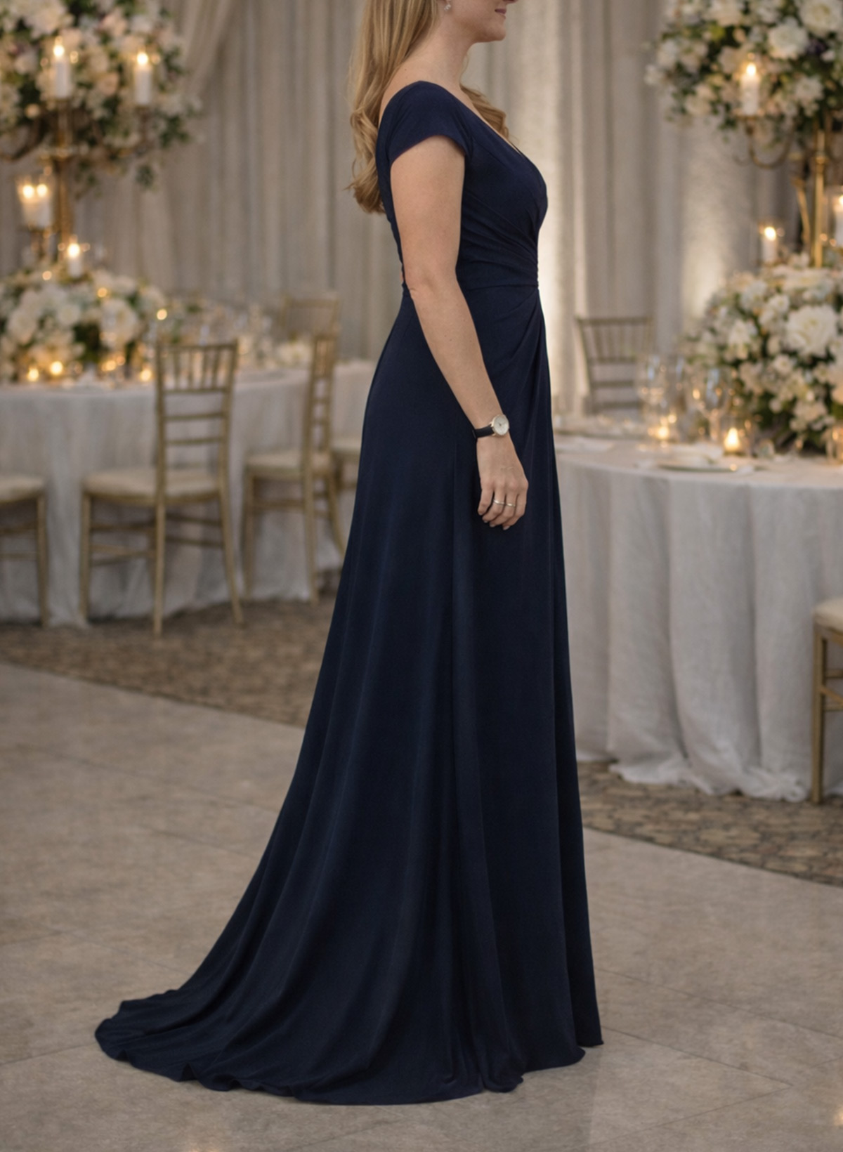 A-Line Plunge Neck Short Sleeves Sweep Train Crepe Satin Evening Dresses