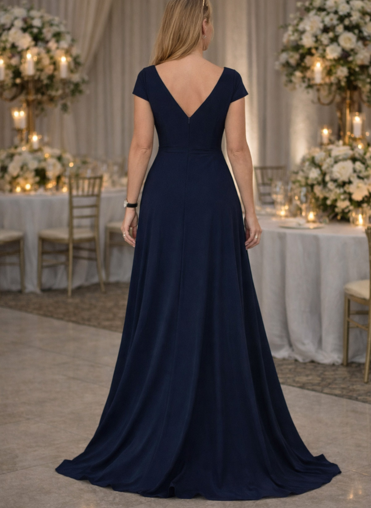 A-Line Plunge Neck Short Sleeves Sweep Train Crepe Satin Evening Dresses