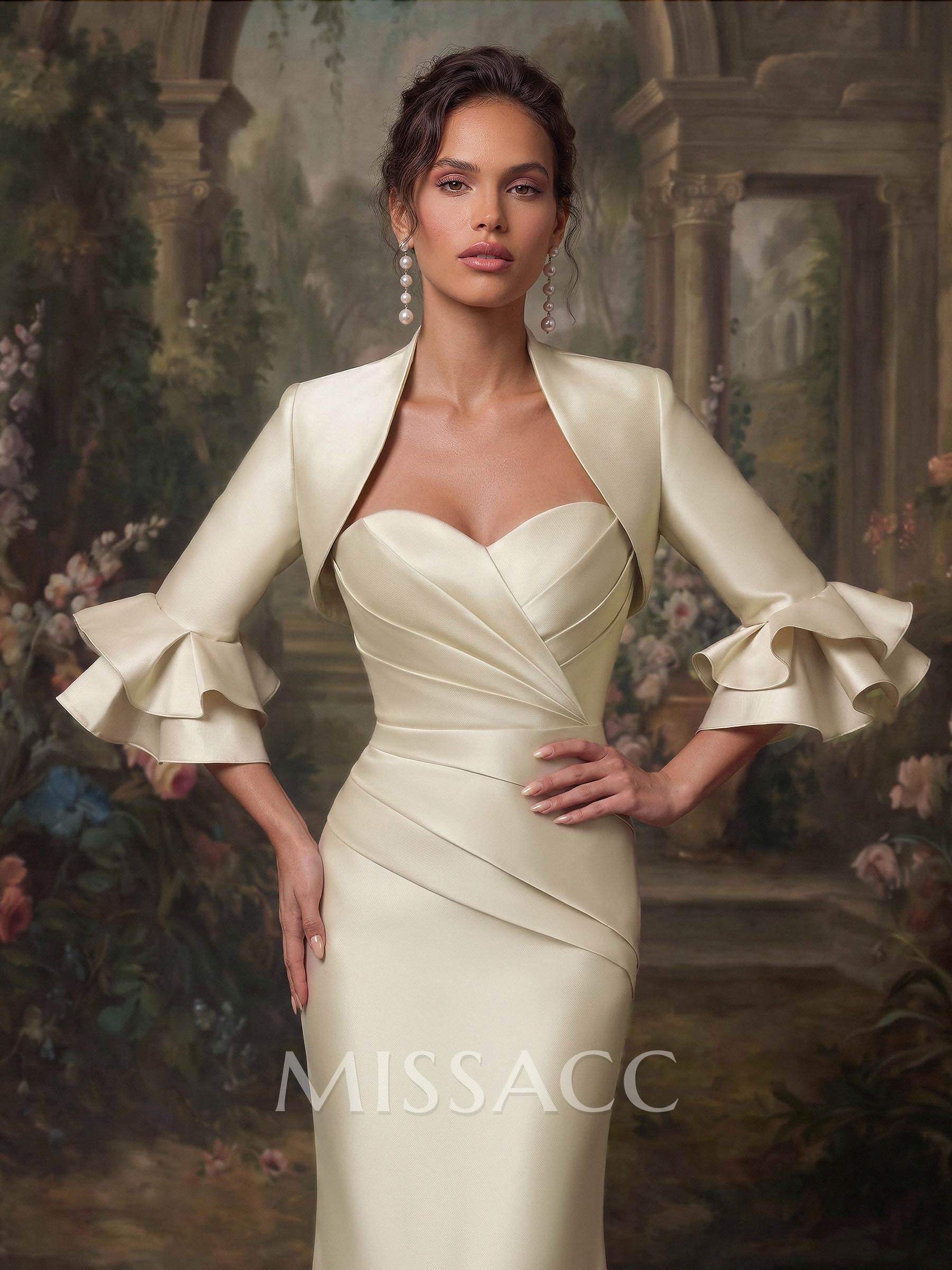 Trumpet/Mermaid Sweetheart 3/4 Sleeves Sweep Train Twill Satin Evening Dresses
