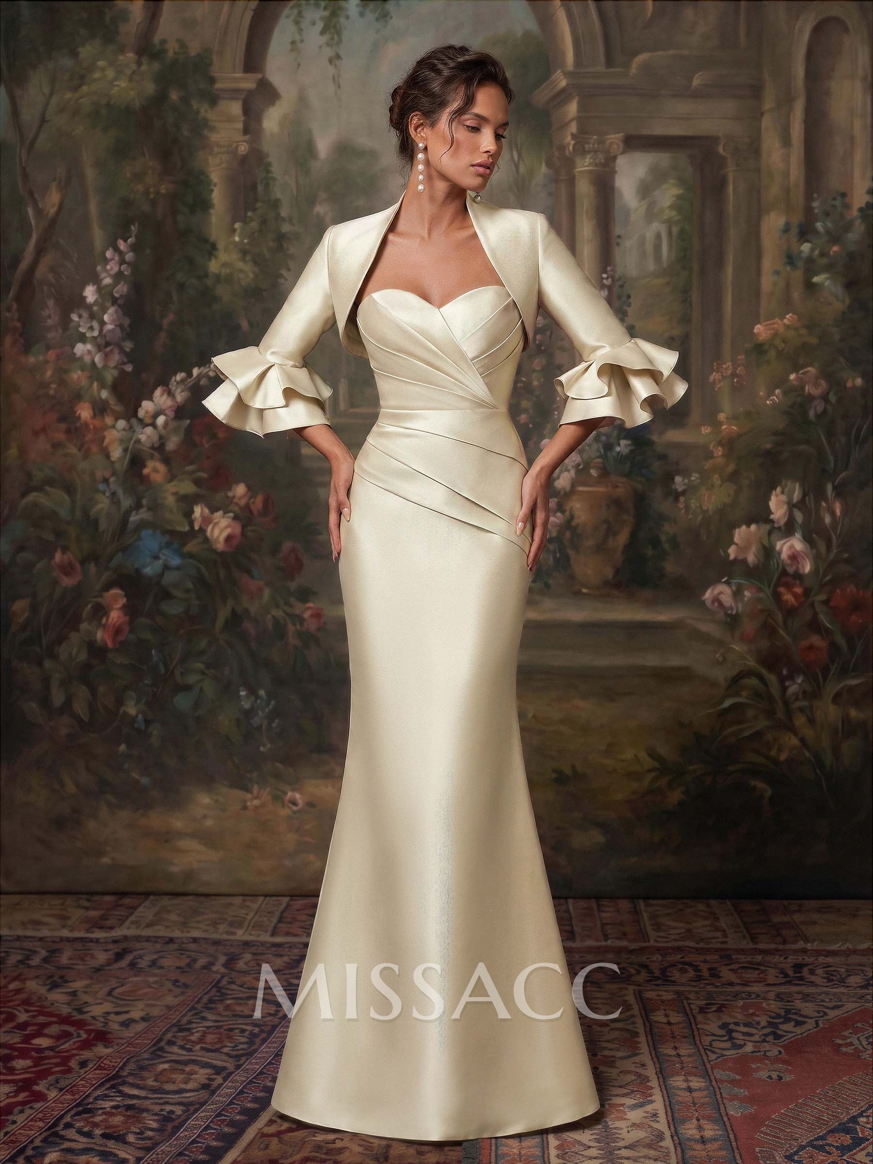 Trumpet/Mermaid Sweetheart 3/4 Sleeves Sweep Train Twill Satin Evening Dresses