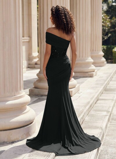 Trumpet/Mermaid One-Shoulder Sleeveless Sweep Train Elastic Satin Evening Dresses With Beading