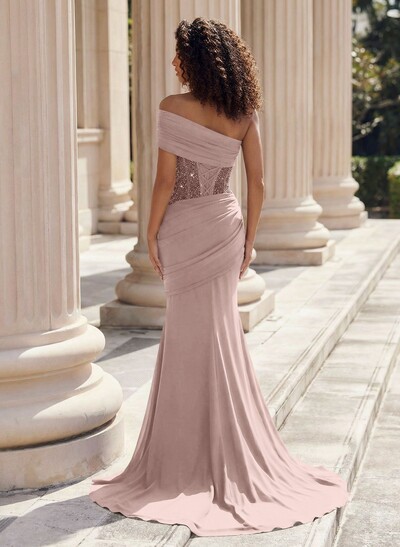 Trumpet/Mermaid One-Shoulder Sleeveless Sweep Train Elastic Satin Evening Dresses With Beading