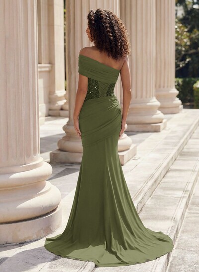 Trumpet/Mermaid One-Shoulder Sleeveless Sweep Train Elastic Satin Evening Dresses With Beading