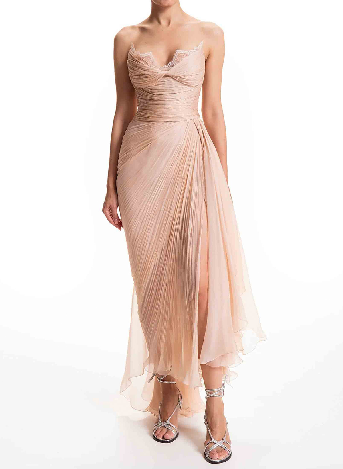 Sheath/Column Sweetheart Sleeveless Asymmetrical Charmeuse/30D Chiffon Evening Dresses With Split Front/Lace