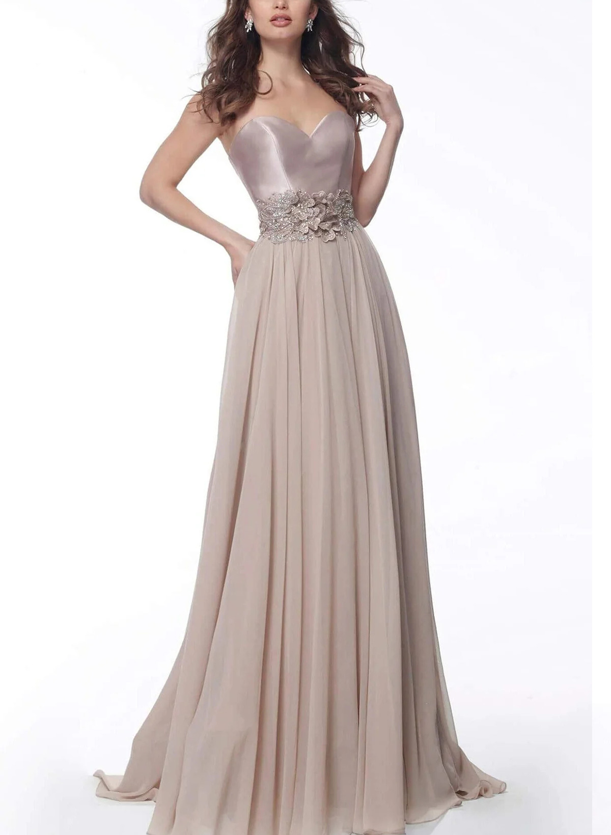 A-Line Sweetheart Floor-Length Satin Evening Dresses With Rhinestone/Flower(s)