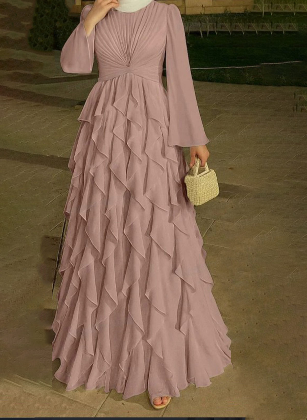 A-Line Scoop Neck Long Sleeves Floor-Length Chiffon Evening Dresses With Ruffle